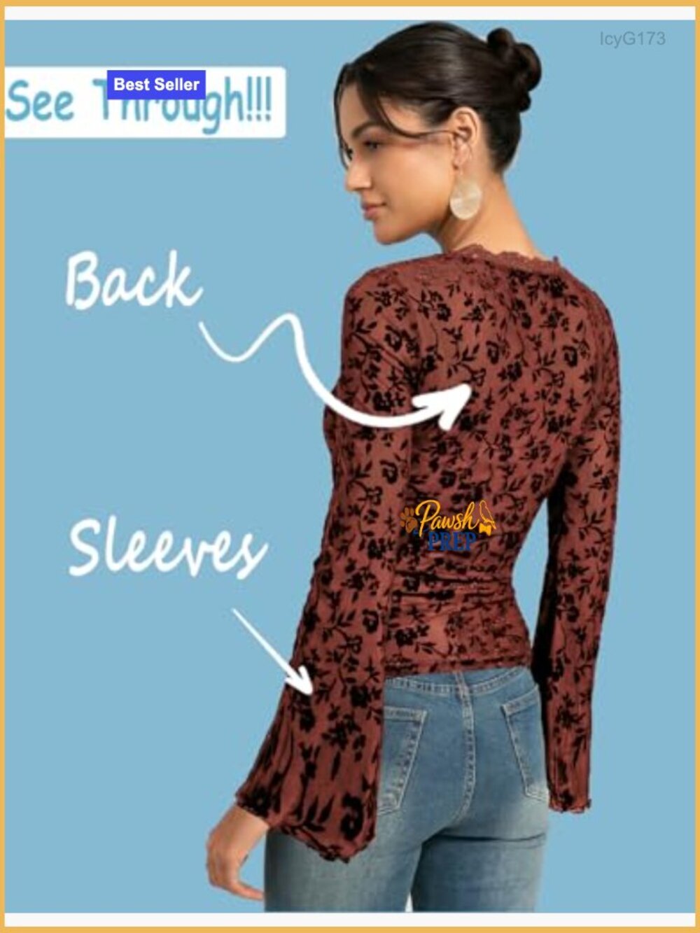 Mesh Long Bell Sleeve Top, Lace Floral Square Neck, Slim Fit - Picture 2 of 7